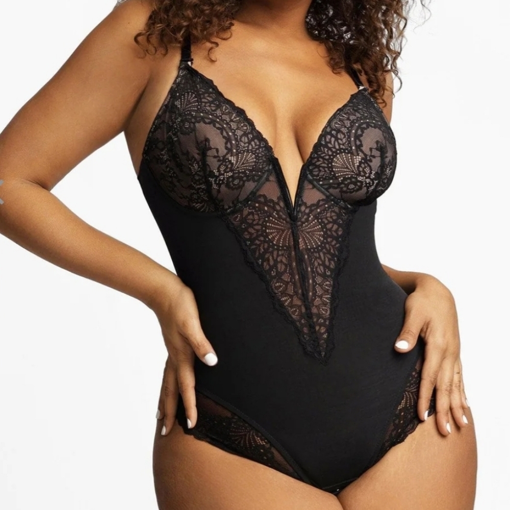 Popilush Lace Deep V-Neck Sculpting Thong Shapewear Bodysuit